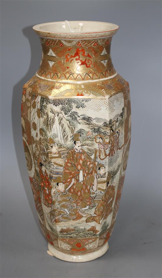 A Satsuma hexagonal vase, decorated with panels of figures in landscapes, height 46cm